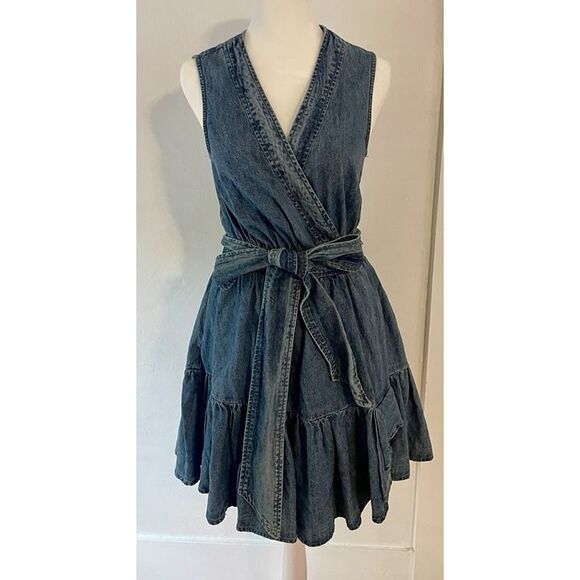 NWT Avec Les Filles Anthropologie Tie Waist Wrap Denim Mini Dress Size 2 $158 - Picture 5 of 11